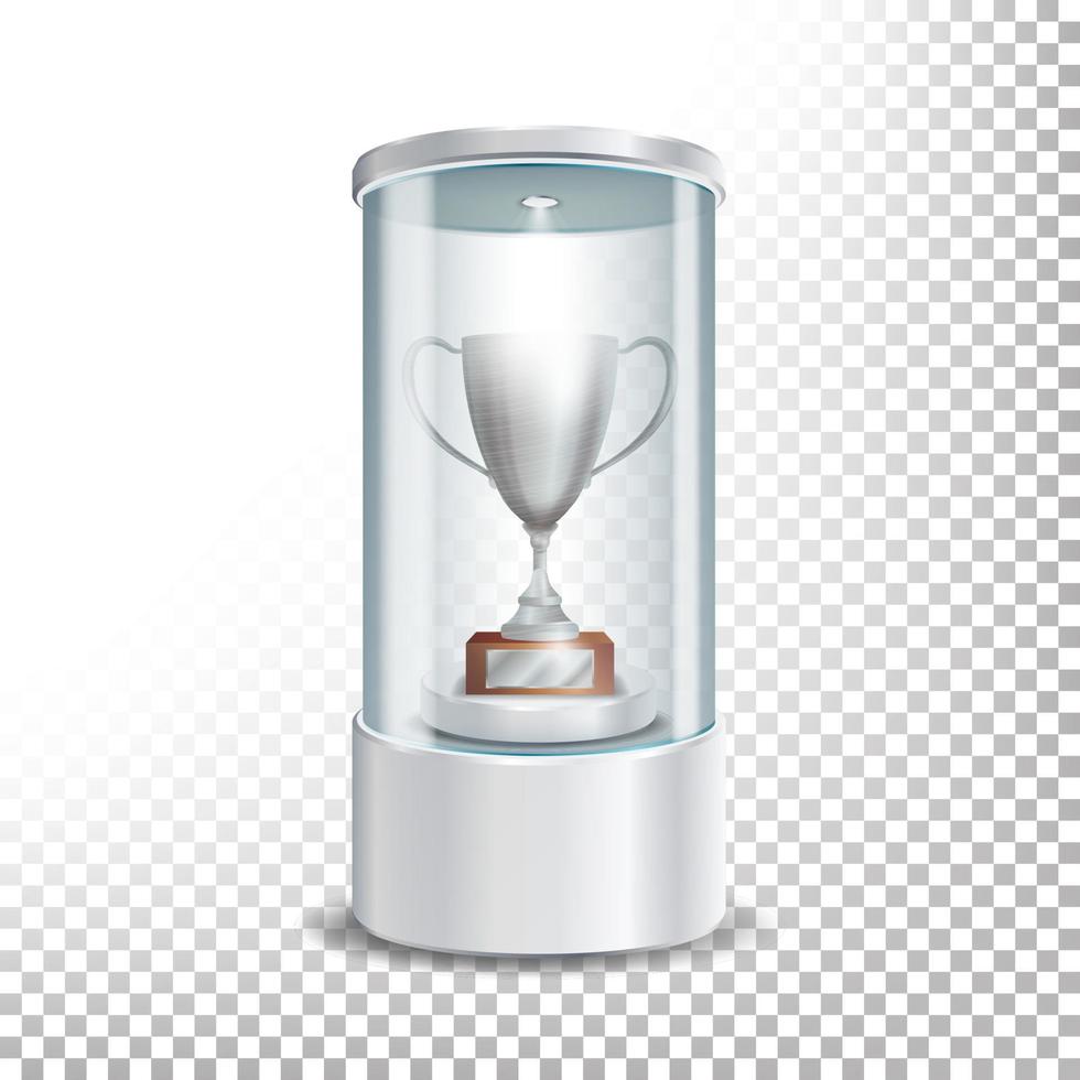 Transparent Glass Museum Showcase Podium With Silver Cup, Spotlight And Sparks. Mock Up Capsule Box For Award Ceremonies. Vector Illustration