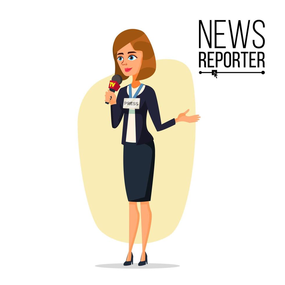 vector de periodista femenina. micrófono. reportero profesional aislado ilustración de personaje de dibujos animados plana