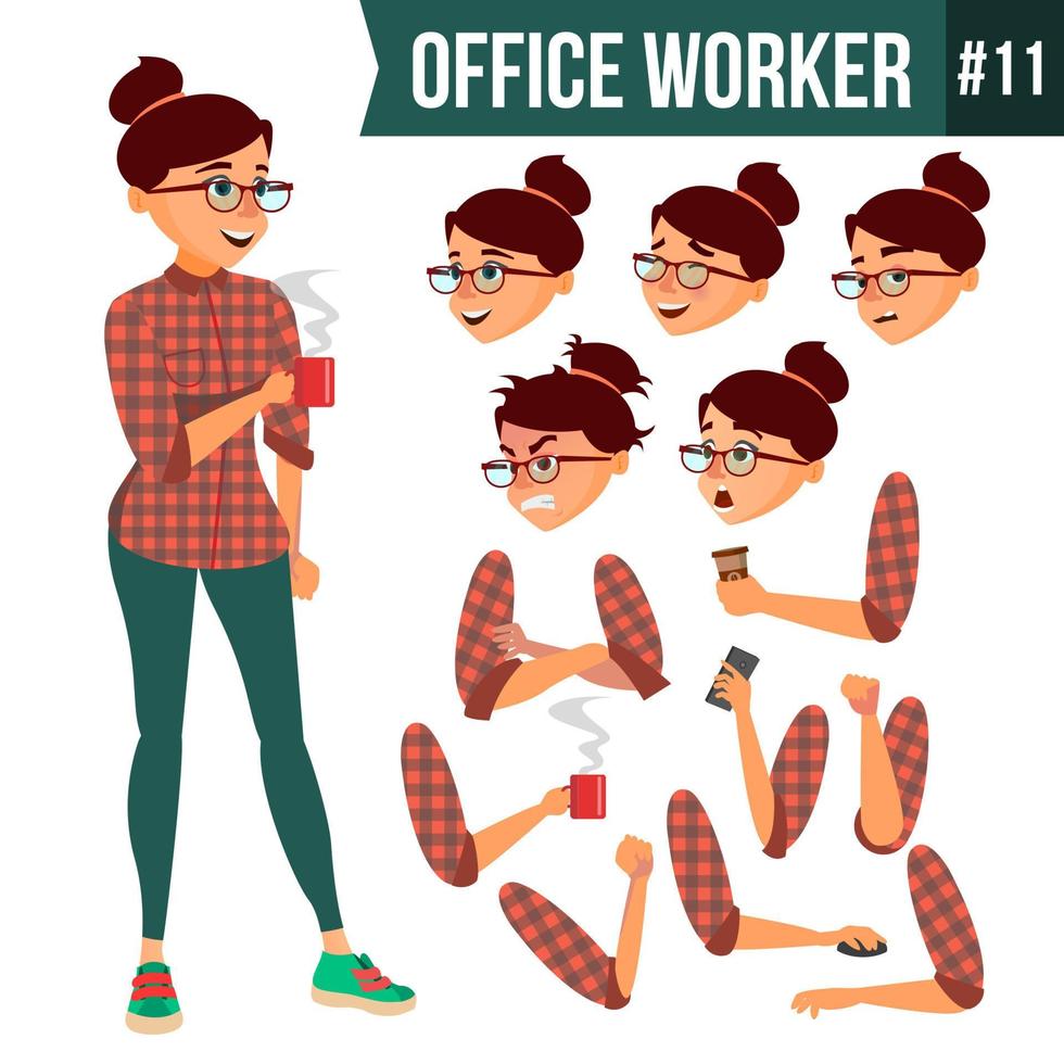 Office Worker Vector. Woman. Professional Officer, Clerk. Adult Business Female. Lady Face Emotions, Various Gestures. Animation Creation Set. Isolated Cartoon Illustration vector
