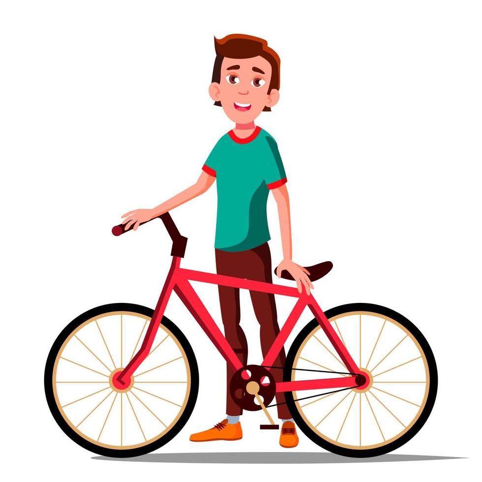 Teen Boy With Bicycle Vector. City Bike. Outdoor Sport Activity. Eco Friendly. Isolated Illustration vector