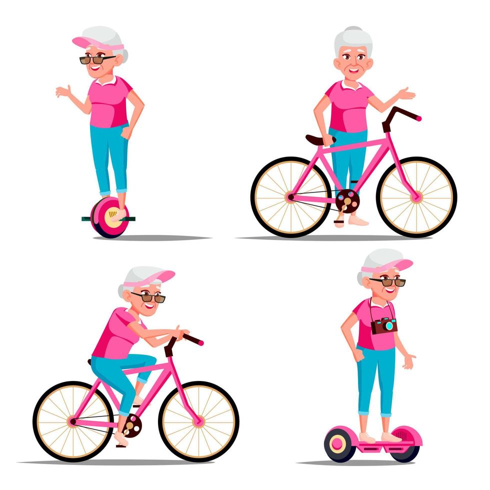 anciana montando hoverboard, vector de bicicleta. actividad deportiva al aire libre de la ciudad. scooter giroscópico, bicicleta. Respetuoso del medio ambiente. estilo de vida saludable. ilustración aislada