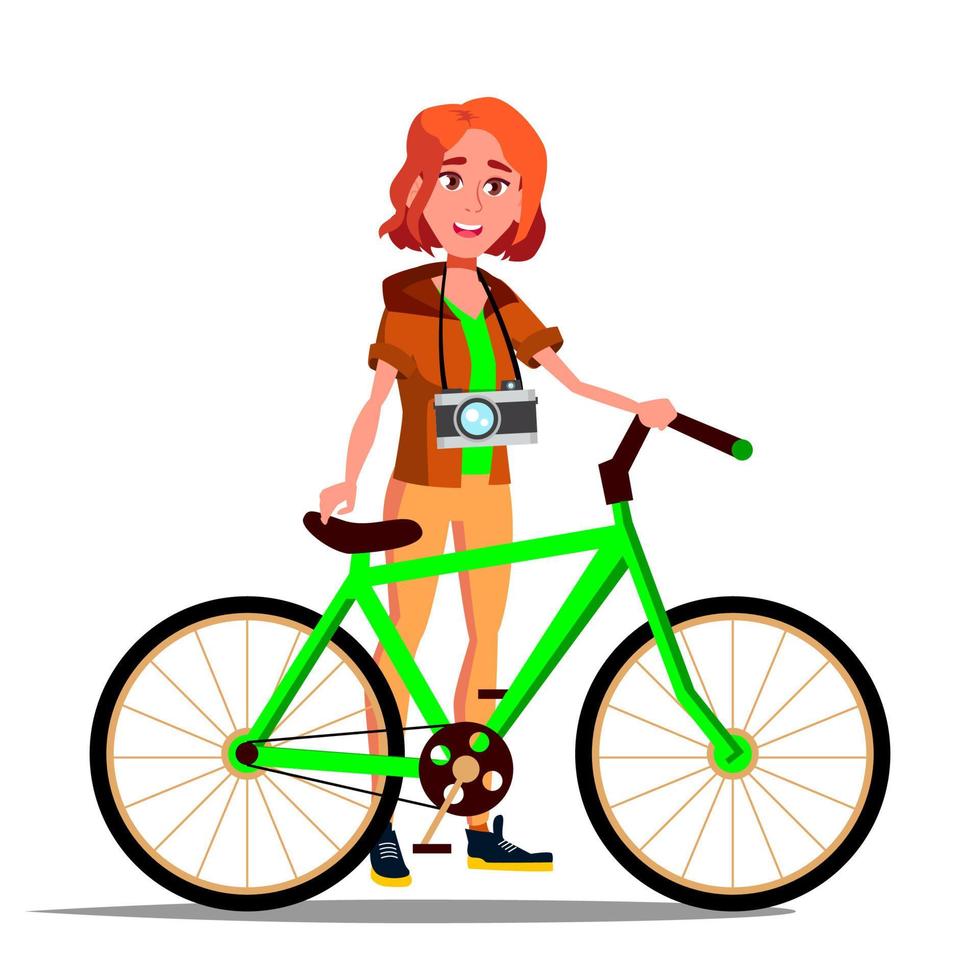 Teen Girl With Bicycle Vector. City Bike. Outdoor Sport Activity. Eco Friendly. Isolated Illustration vector