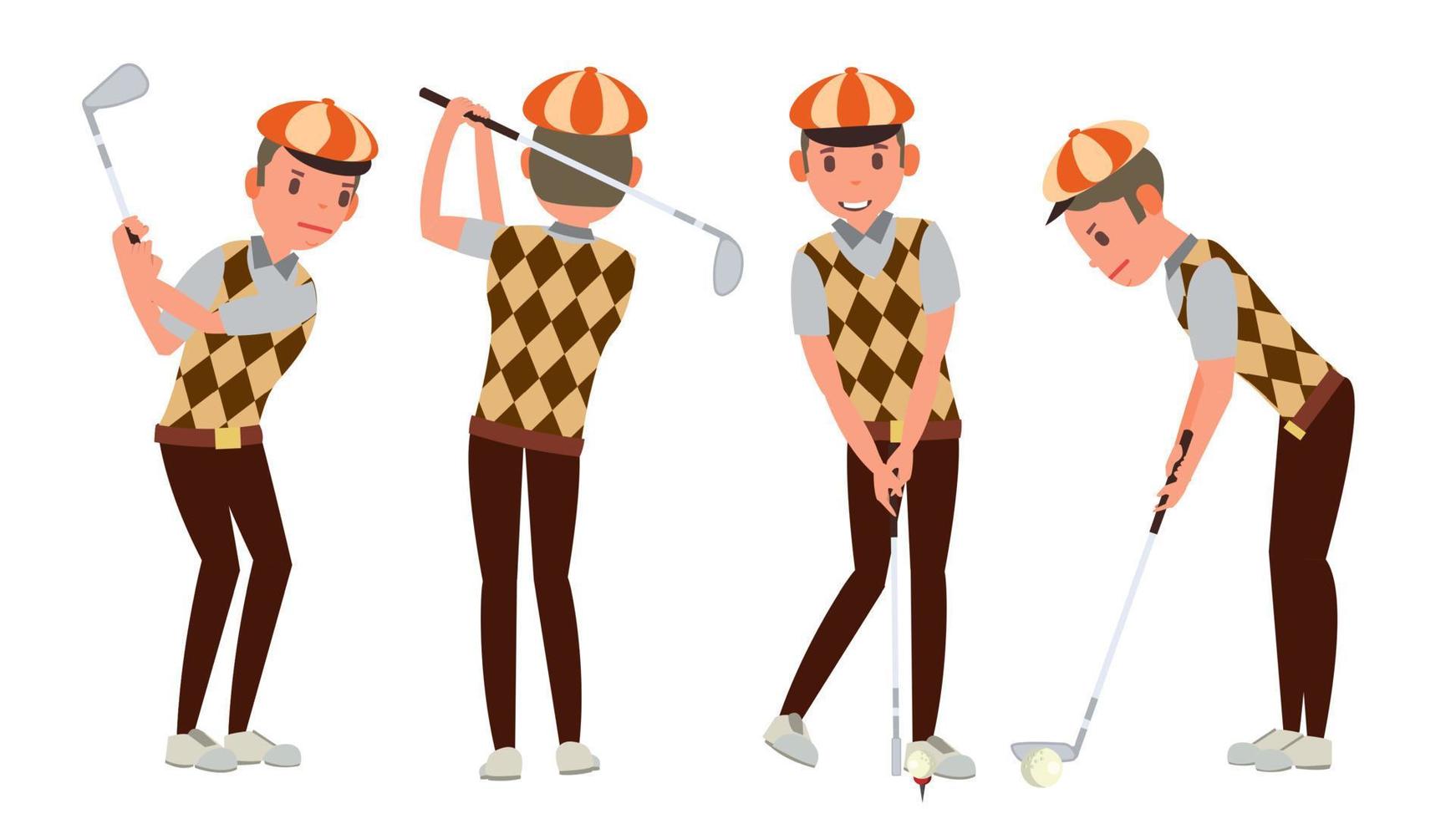 vector de jugador de golf clásico. swing tiro en curso. poses diferentes ilustración de dibujos animados plana