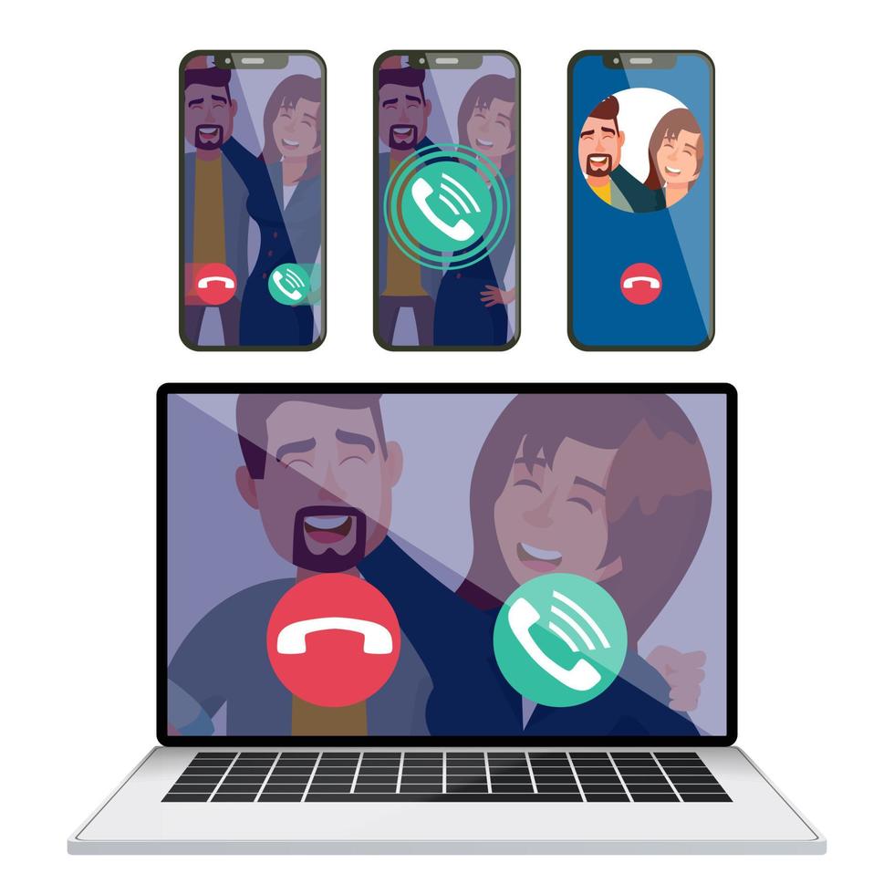IP Telephony Vector. Laptop Display Screen Mobile Smartphone. Receiving Incoming Call. Calling Service Application. Digital Video Conversation. Friends Communication. Voice Over IP. Illustration vector