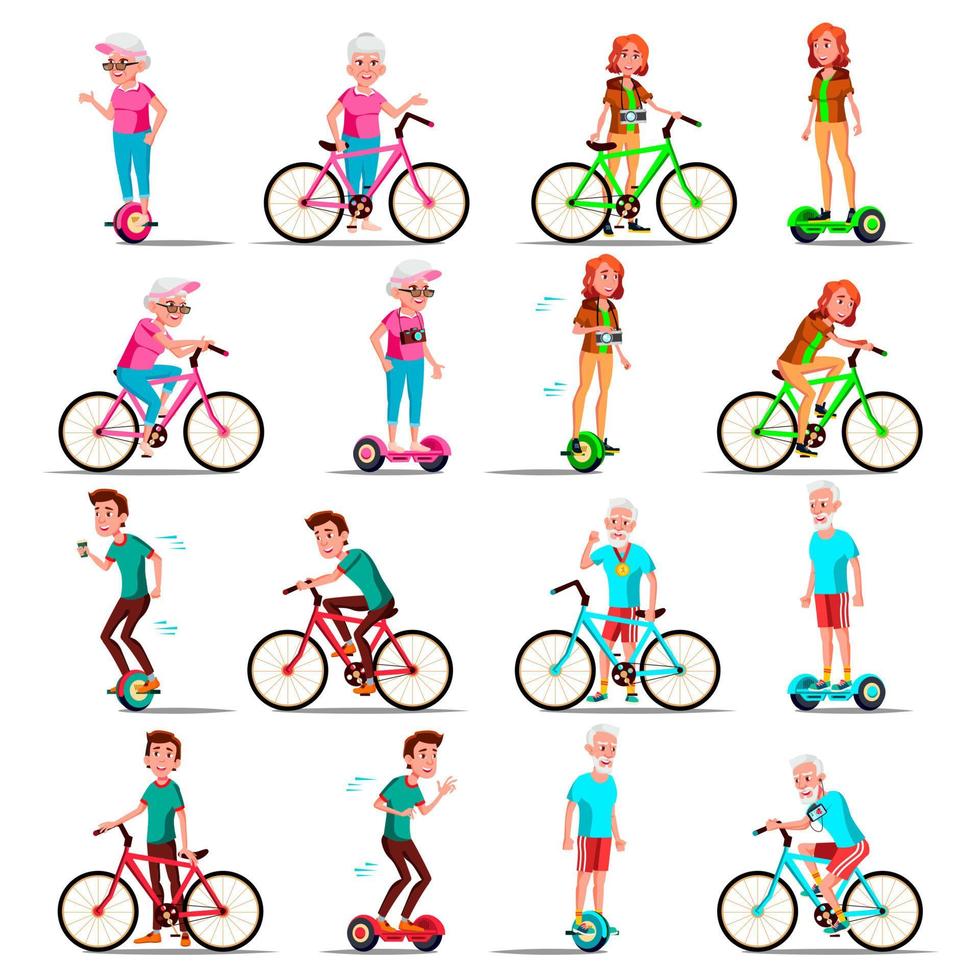 gente montando hoverboard, vector de bicicleta. bicicleta de ciudad actividad deportiva al aire libre. scooter giroscópico. actividad. Patinete eléctrico de dos ruedas con autoequilibrio. Respetuoso del medio ambiente. ilustración aislada