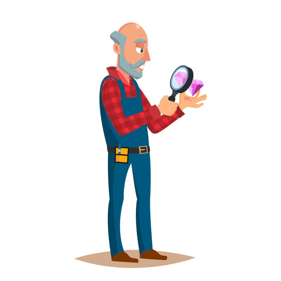 Jeweler Diamond Expert Vector. Jewels And Diamonds. Man Examines Faceted Diamond In Workplace. Cartoon Character Illustration vector