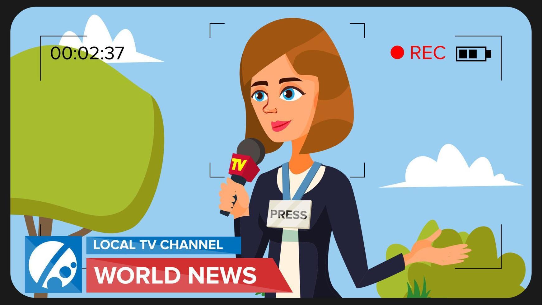 TV Reporter Presenting News. Vector Concept. Video Camera Viewfinder. Female Recording TV News. Production Video. Microphone. Woman Journalists Do Report. Flat Cartoon Illustration