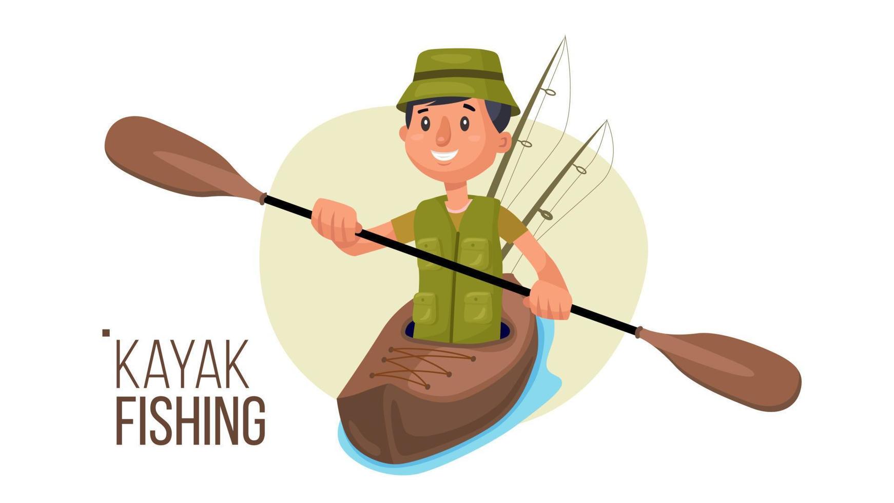 vector de kayak remando. pesca en kayak de verano. pescadores aislados ilustración de personaje de dibujos animados plana