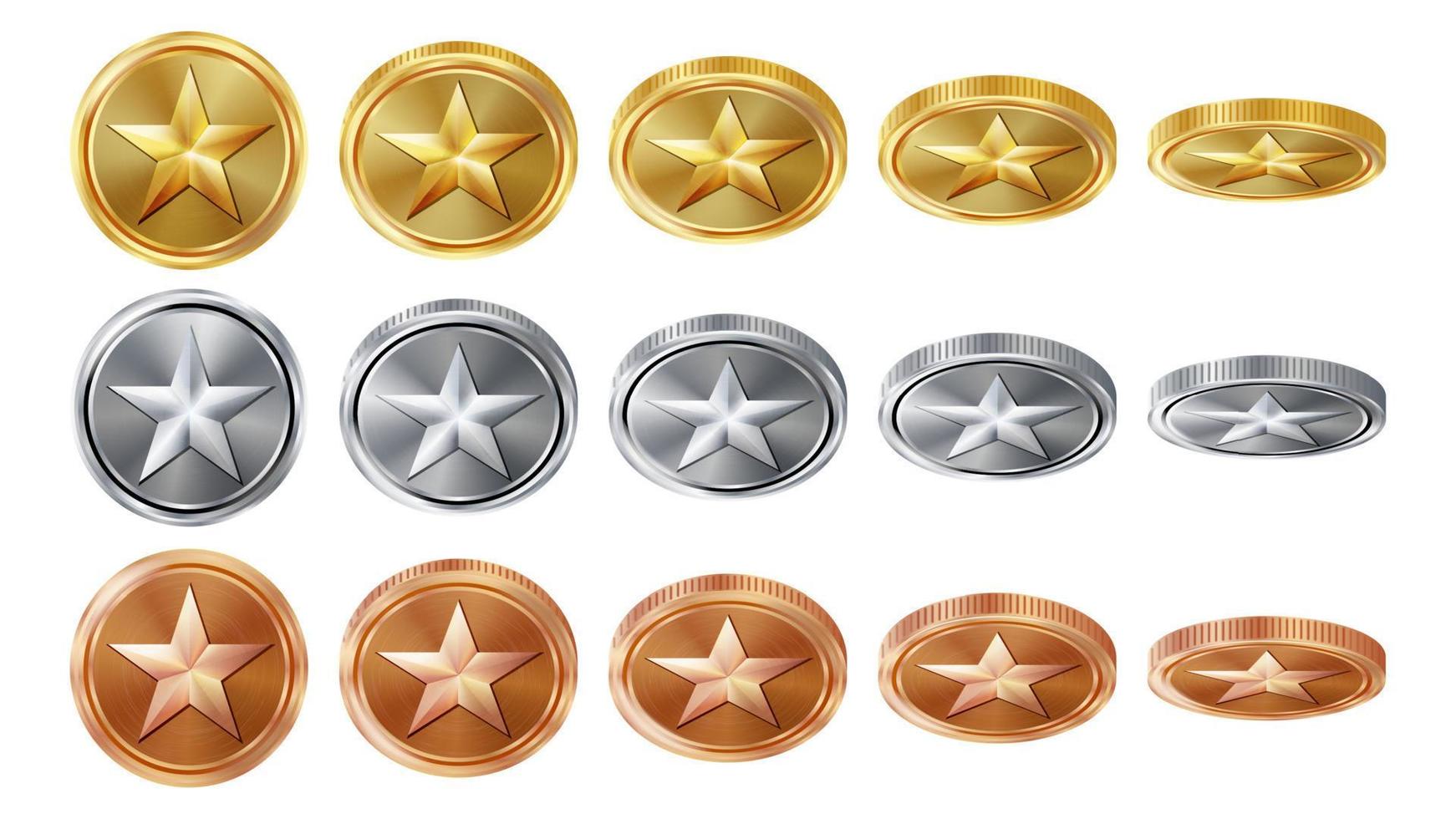 juego 3d oro, plata, monedas de bronce conjunto vector con estrella. voltear diferentes ángulos. iconos de monedas de logro, signo, éxito, ganador, bonificación, símbolo de efectivo. ilustración aislada. para web, interfaz de aplicación de juego