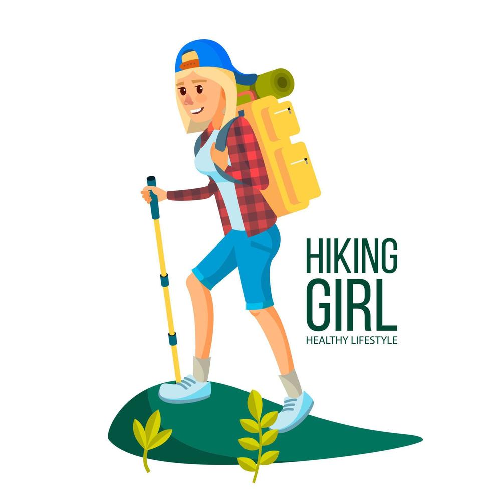 Hiking Woman Vector. Hiking In Mountains. Adventures In Nature, Vacation. Isolated Flat Cartoon Character Illustration vector