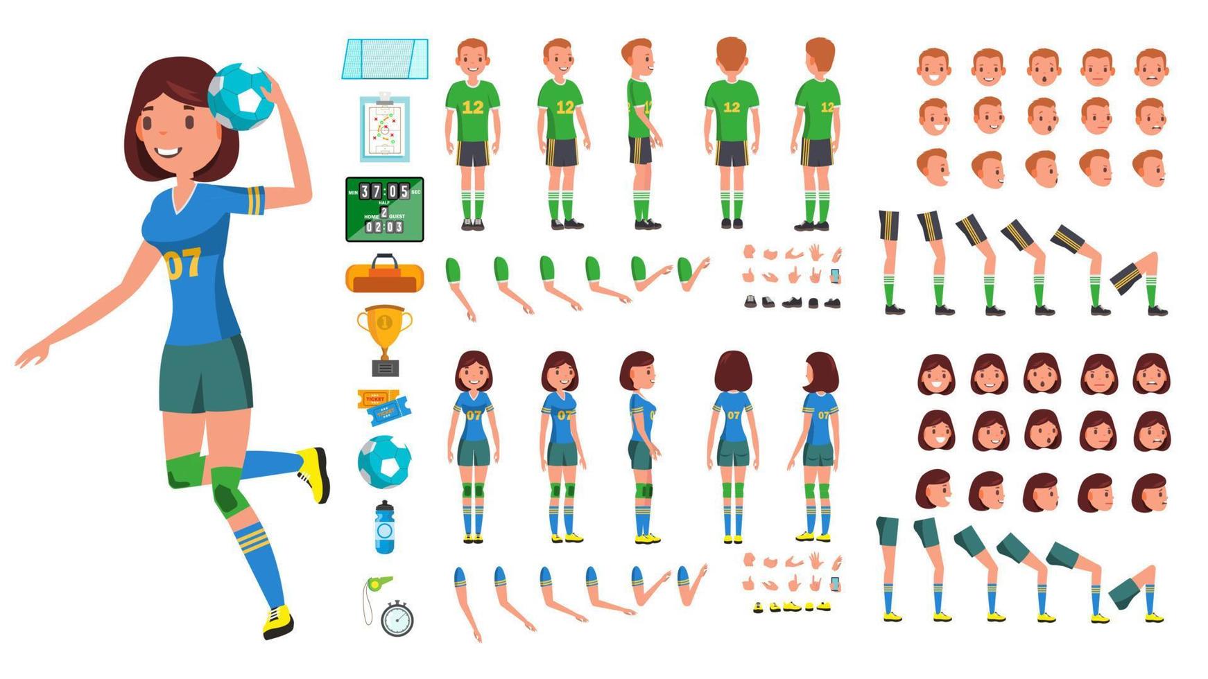 Handball Player Male, Female Vector. Animated Character Creation Set. Man, Woman Full Length, Front, Side, Back View, Accessories, Poses, Face Emotions, Gestures. Isolated Flat Cartoon Illustration vector
