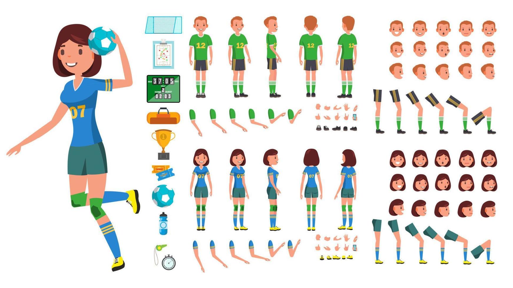 jugador de balonmano masculino, vector femenino. conjunto de creación de personajes animados. hombre, mujer de cuerpo entero, frontal, lateral, vista trasera, accesorios, poses, emociones faciales, gestos. ilustración de dibujos animados plana aislada