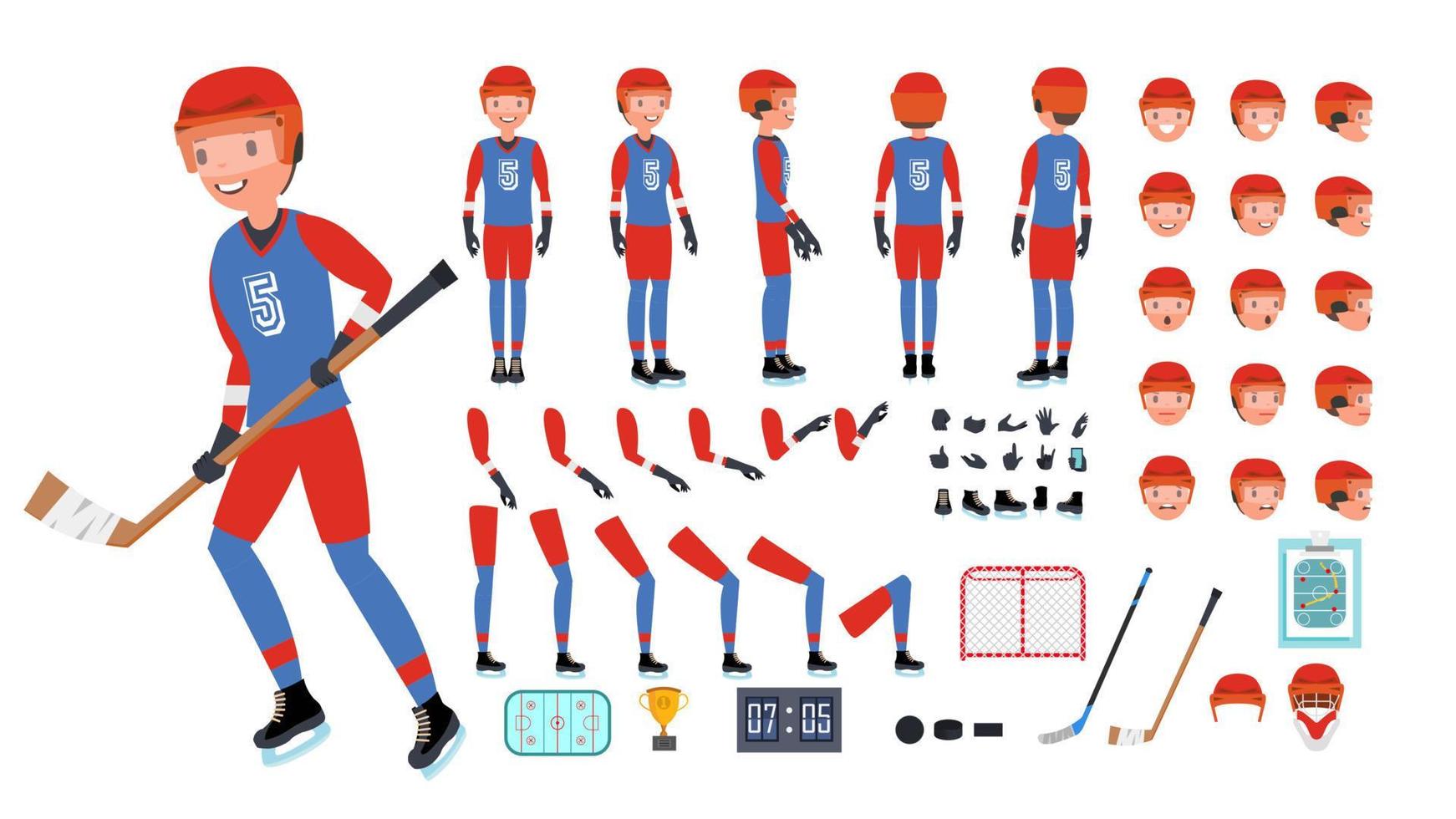 vector de jugador de hockey sobre hielo. conjunto de creación de personajes animados. herramientas y equipos de hockey sobre hielo. longitud completa, frontal, lateral, vista trasera, accesorios, poses, emociones faciales. ilustración de dibujos animados plana aislada