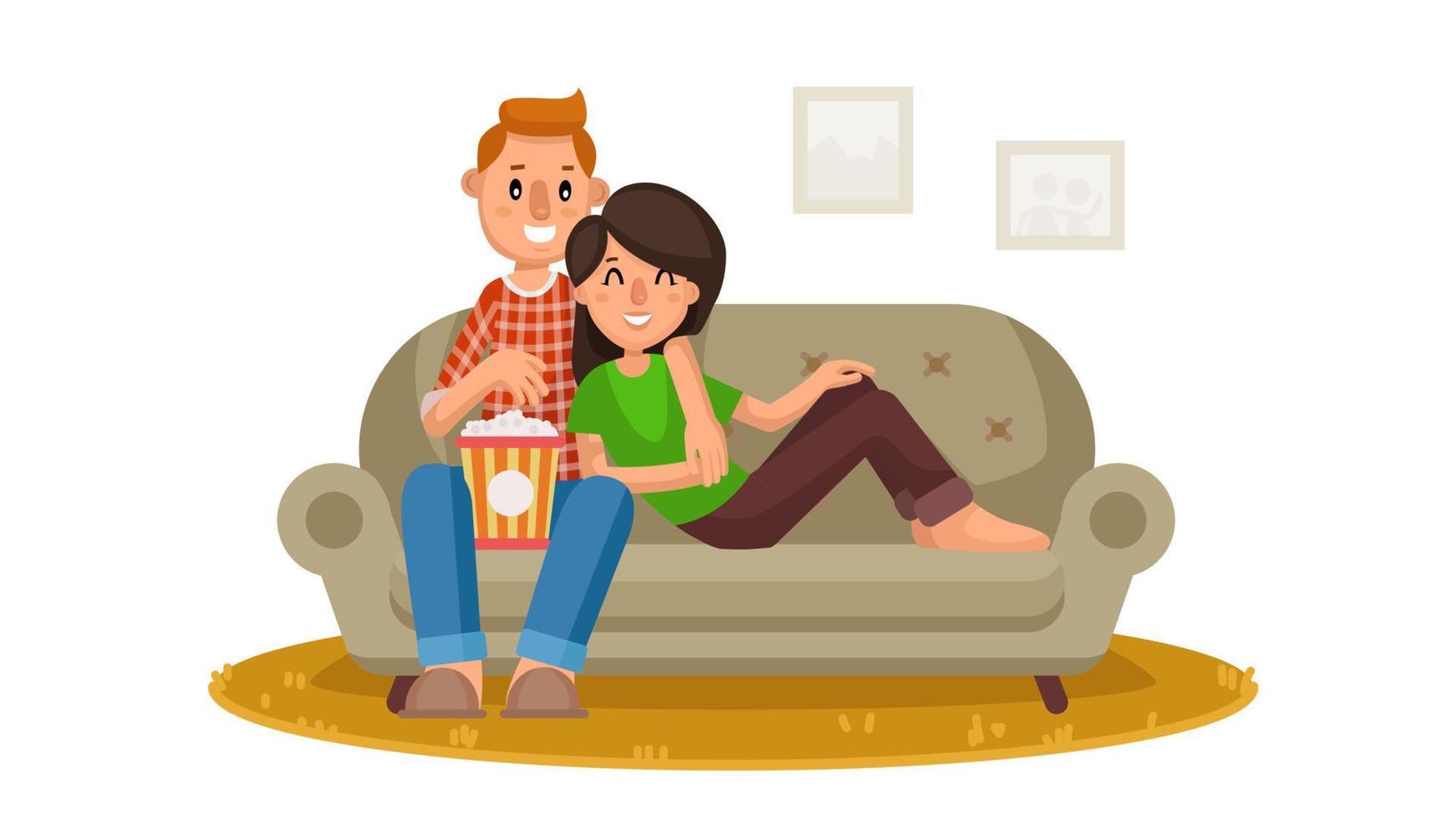 Home Cinema Vector. Home Room With TV Screen. Using Television Together. Online Home Movie. Cartoon Character Illustration vector