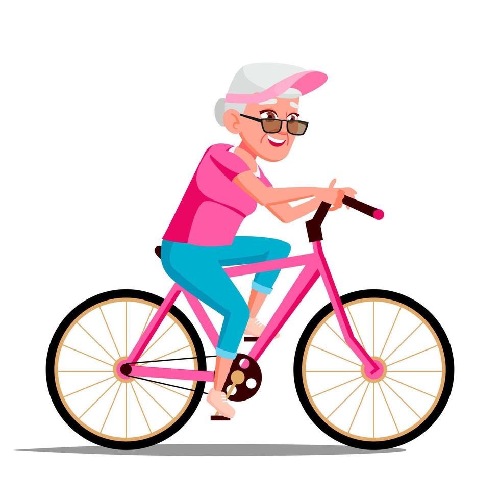 Old Woman Riding On Bicycle Vector. Healthy Lifestyle. Bikes. Outdoor Sport Activity. Isolated Illustration vector