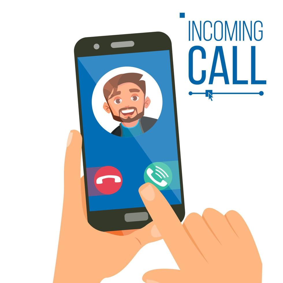 Incoming Call Vector. Man Face On Mobile Smartphone Screen. Calling Service Application. Video, Voice Conversation. Business Communication. IP Telephony. Isolated Flat Cartoon Illustration vector