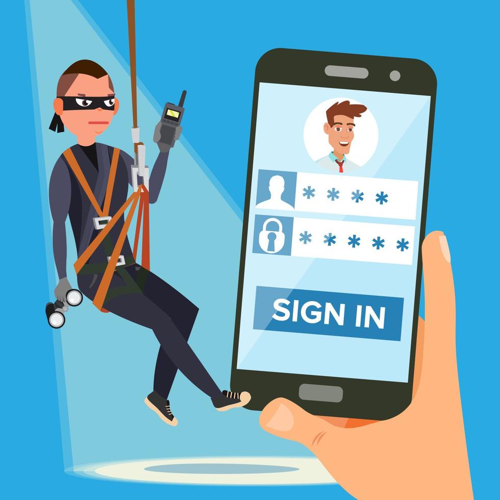 Hacker Stealing Personal Password Vector. Thief Character. Crack Personal Information. Fishing Attack To Smartphone. Web Viruses Concept. Flat Cartoon Illustration vector