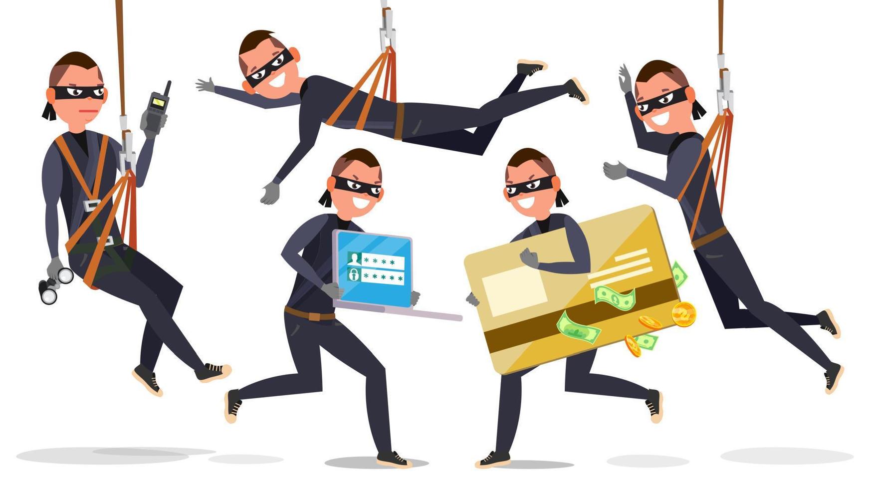 Thief, Hacker Man Set Vector. Stealing Credit Card Information, Personal Data, Money. Fishing Attack. Isolated Flat Cartoon Character Illustration vector