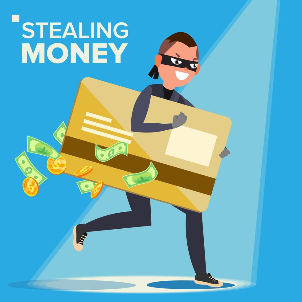 Thief Character Vector. Hacker Stealing Sensitive Data, Money From Credit Card. Hacking PIN Code. Breaking, Attacking. Flat Cartoon Illustration vector