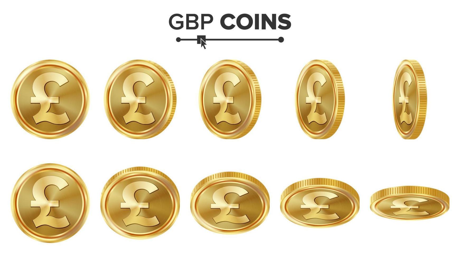 GBP 3D Gold Coins Vector Set. Realistic Illustration. Flip Different Angles. Money Front Side. Investment Concept. Finance Coin Icons, Sign, Success Banking Cash Symbol. Currency Isolated On White