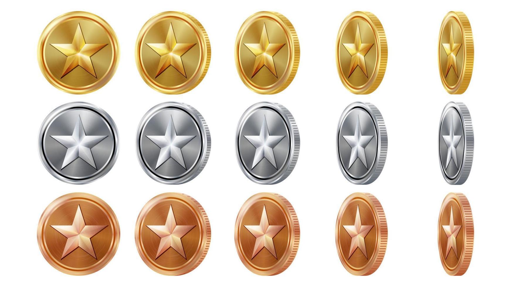 Game 3D Gold, Silver, Bronze Coins Set Vector With Star. Flip Different Angles. Achievement Coin Icons, Sign, Success, Winner, Bonus, Cash Symbol. Illustration Isolated. For Web, Game App Interface
