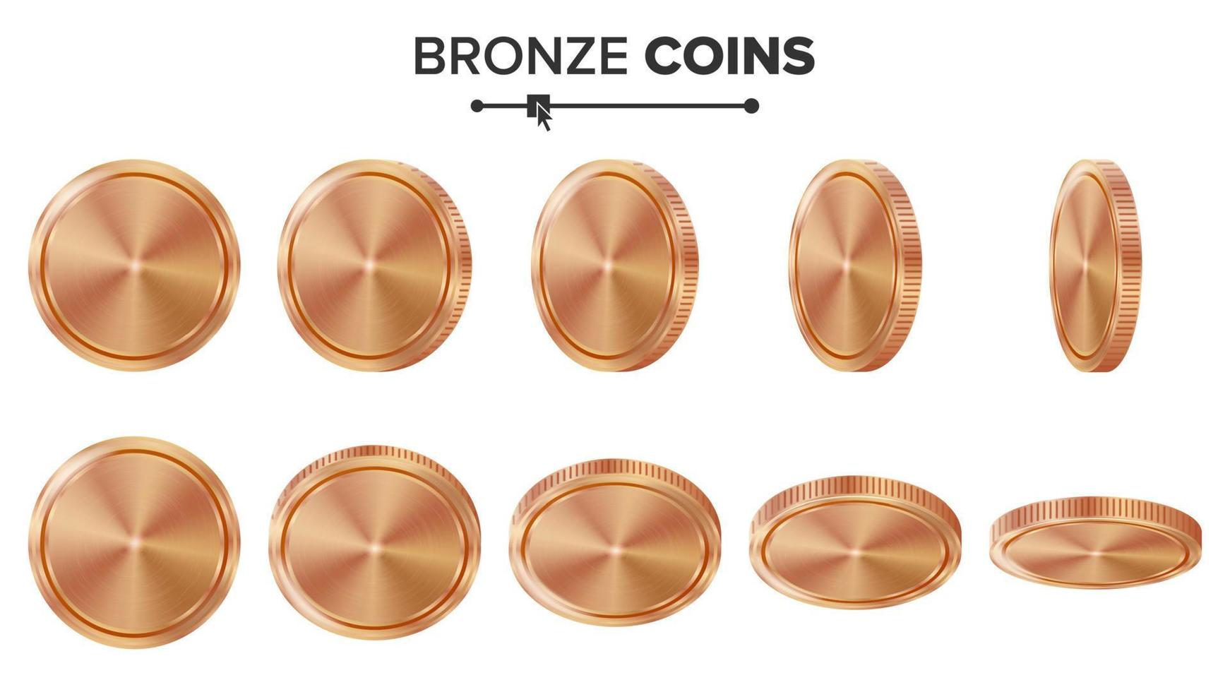 Empty 3D Bronze, Copper Coins Vector Blank Set. Realistic Template. Flip Different Angles. Investment, Web, Game App Interface Concept. Coin Icon, Sign, Banking Cash Symbol. Currency Isolated
