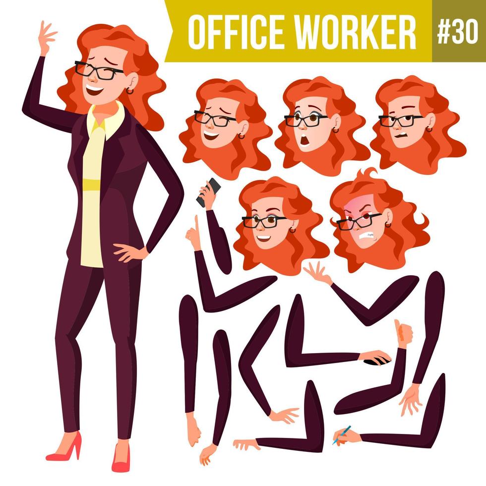 Office Worker Vector.Woman. Successful Officer, Clerk, Servant. Adult Business Woman. Face Emotions, Various Gestures. Animation Set. Isolated Flat Cartoon Illustration vector