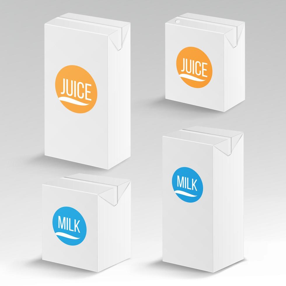 Juice and Milk Package Vector Realistic Mock Up Template. Carton Branding Box 1000 ml and 200 ml. White Empty Clean Cardboard Package Drink Small Juice, Milk Box Blank Isolated. Vector Illustration.