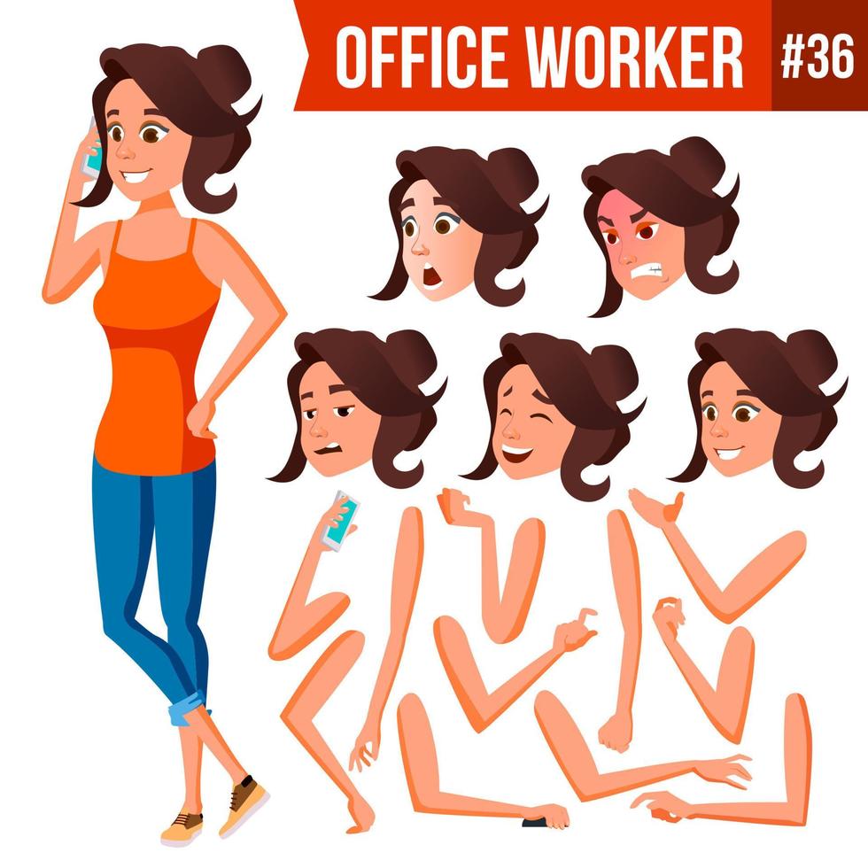 vector de trabajador de oficina. mujer. empleado moderno, trabajador. trabajador de negocios enfrentar emociones, varios gestos. conjunto de creación de animación. ilustración de personaje de dibujos animados aislado