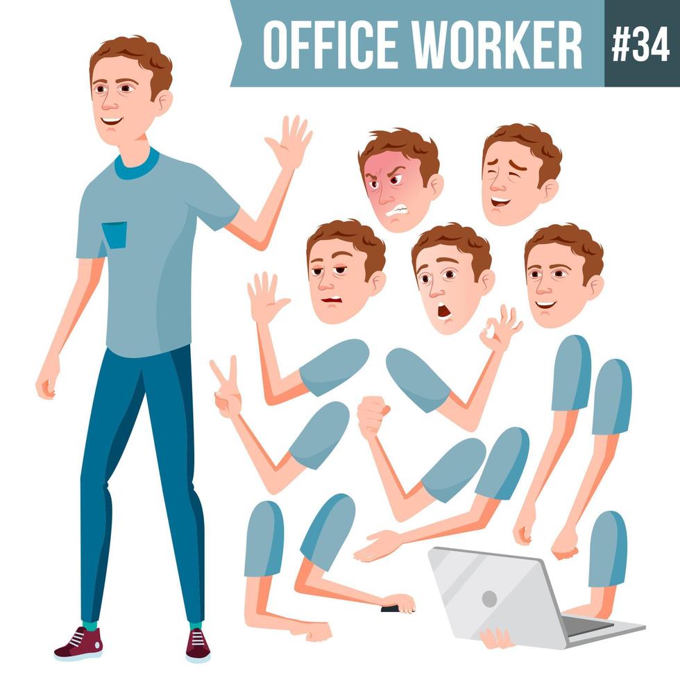 Office Worker Vector. Face Emotions, Various Gestures. Animation. Business Worker. Career. Professional Workman, Officer, Clerk. Flat Cartoon Illustration vector
