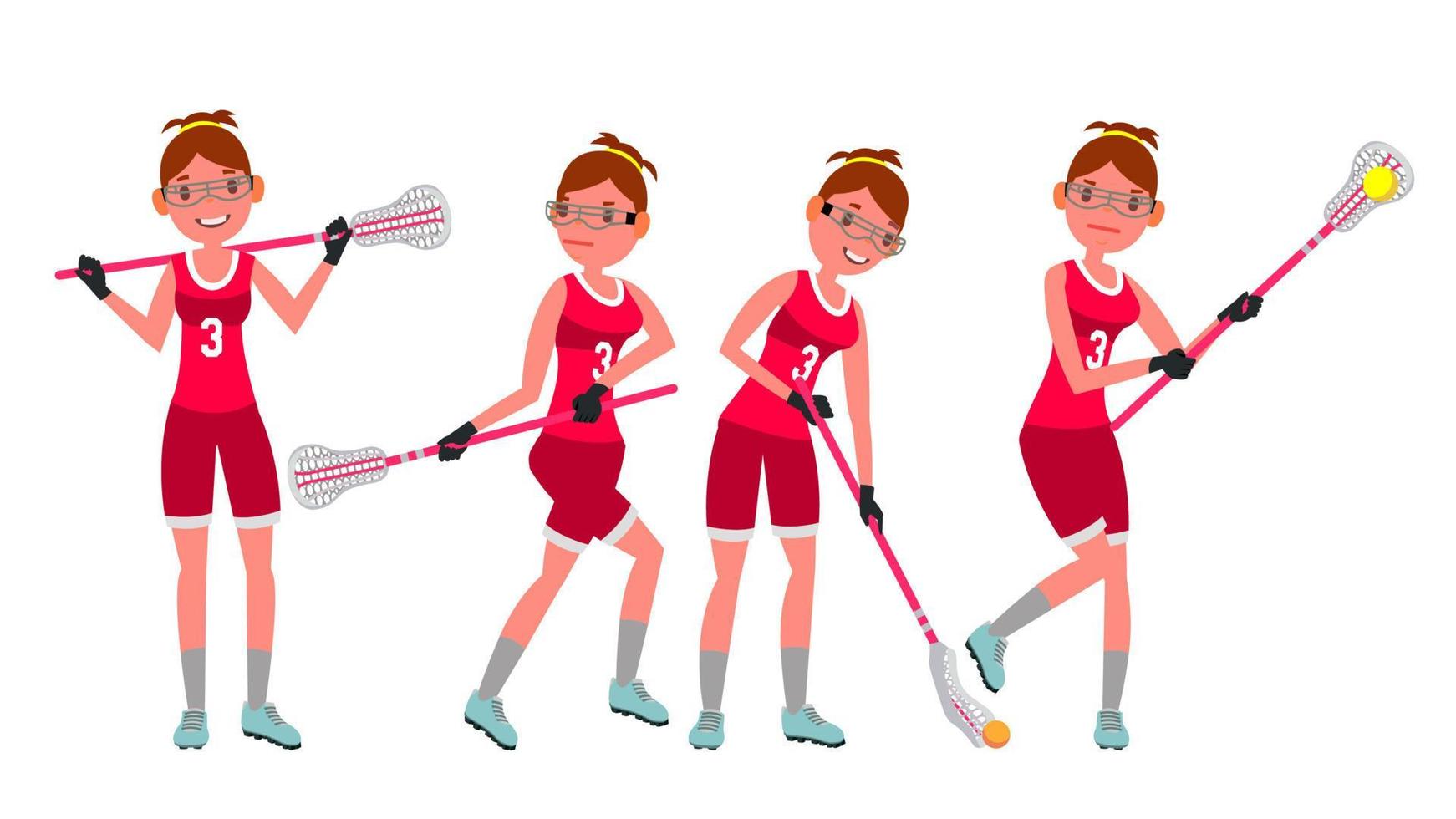 Female Lacrosse Player Vector. Profesional Sport. Holding Lacrosse Stick. Girl s Lacrosse Player. Isolated On White Cartoon Character Illustration vector