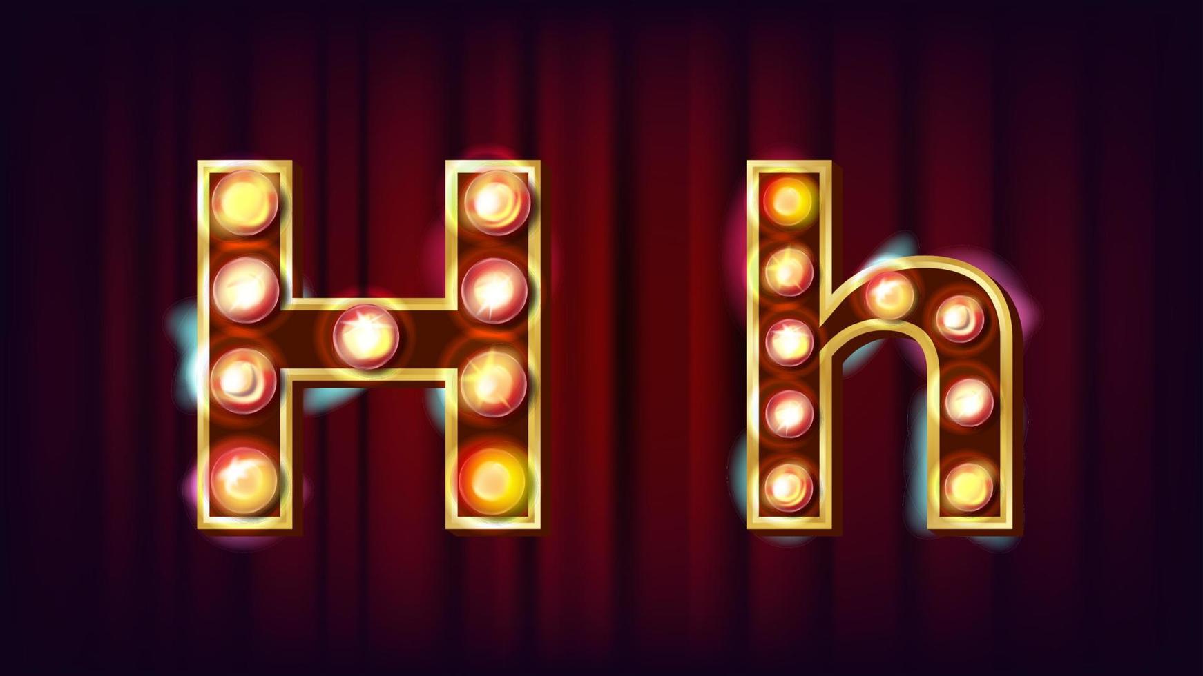 H Letter Vector. Capital, Lowercase. Font Marquee Light Sign. Retro Shine Lamp Bulb Alphabet. 3D Electric Glowing Digit. Vintage Gold Illuminated Light. Carnival, Circus, Casino Style. Illustration vector