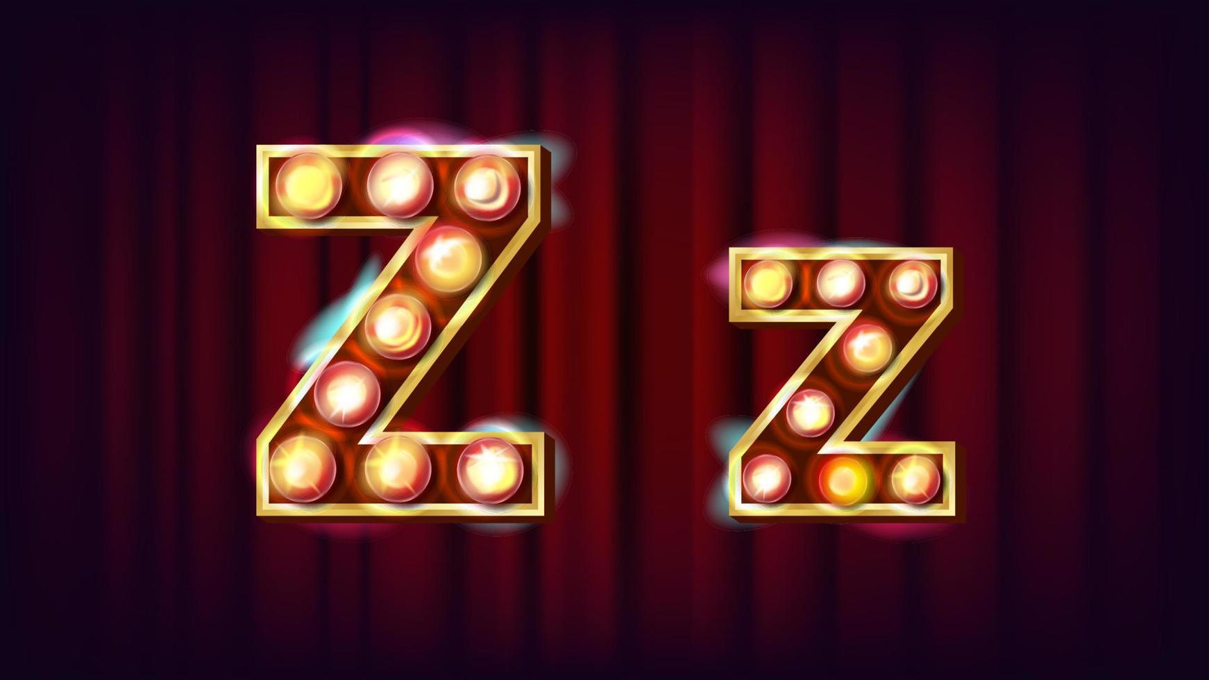 Z Letter Vector. Capital, Lowercase. Font Marquee Light Sign. Retro Shine Lamp Bulb Alphabet. 3D Electric Glowing Digit. Vintage Gold Illuminated Light. Carnival, Circus, Casino Style. Illustration vector