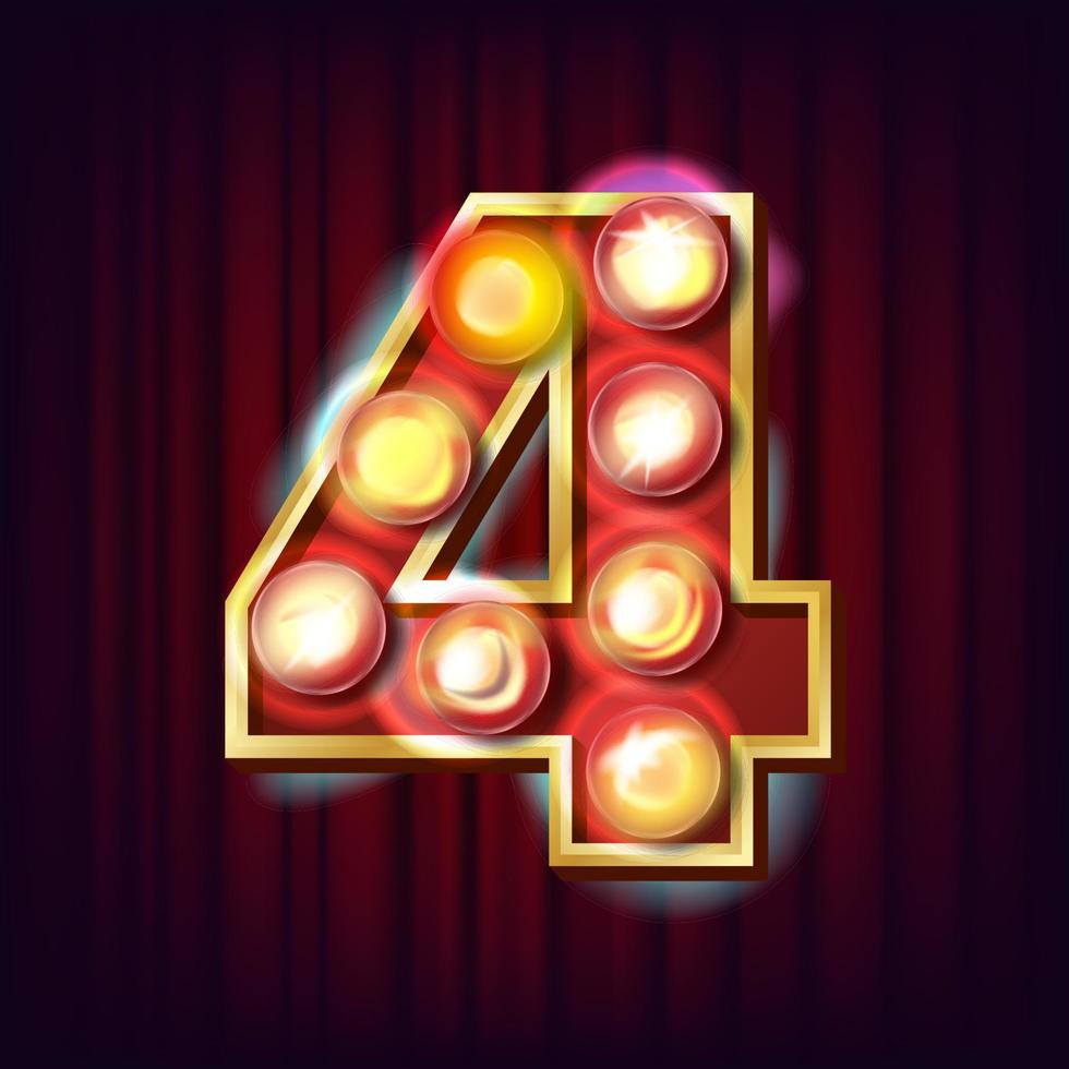 4 Number Vector. Four Font Marquee Light Sign. Realistic Retro Shine Lamp Bulb. 3D Electric Glowing Digit. Vintage Golden Illuminated Neon Light. Circus, Casino, Slot Style. Alphabet Illustration vector