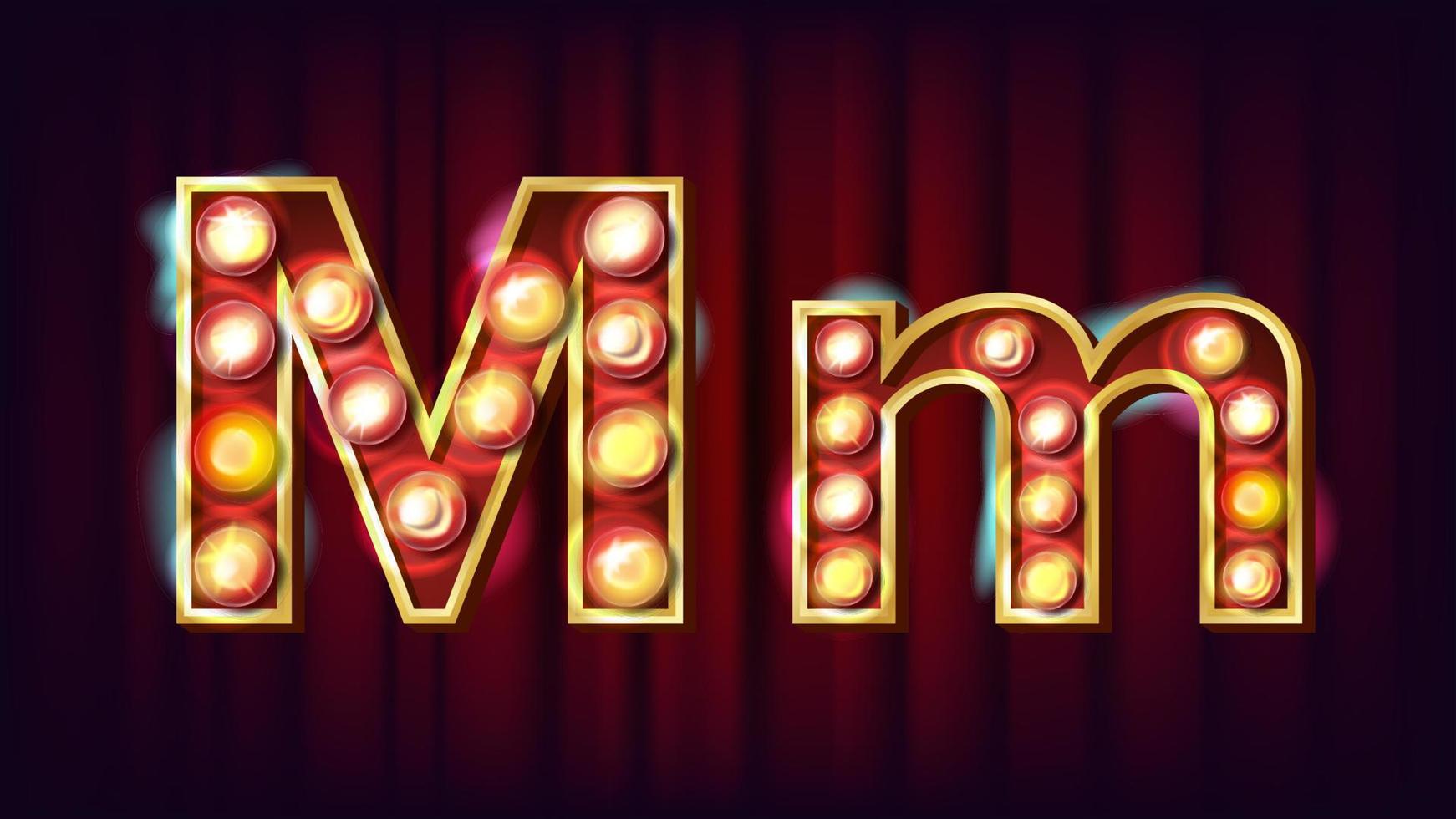 M Letter Vector. Capital, Lowercase. Font Marquee Light Sign. Retro Shine Lamp Bulb Alphabet. 3D Electric Glowing Digit. Vintage Gold Illuminated Light. Carnival, Circus, Casino Style. Illustration vector