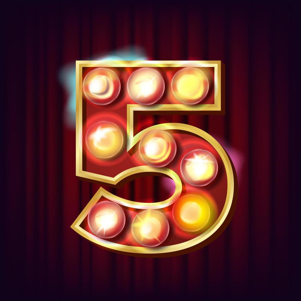 5 Number Vector. Five Font Marquee Light Sign. Realistic Retro Shine Lamp Bulb. 3D Electric Glowing Digit. Vintage Golden Illuminated Neon Light. Carnival, Circus, Casino Style. Alphabet Illustration vector