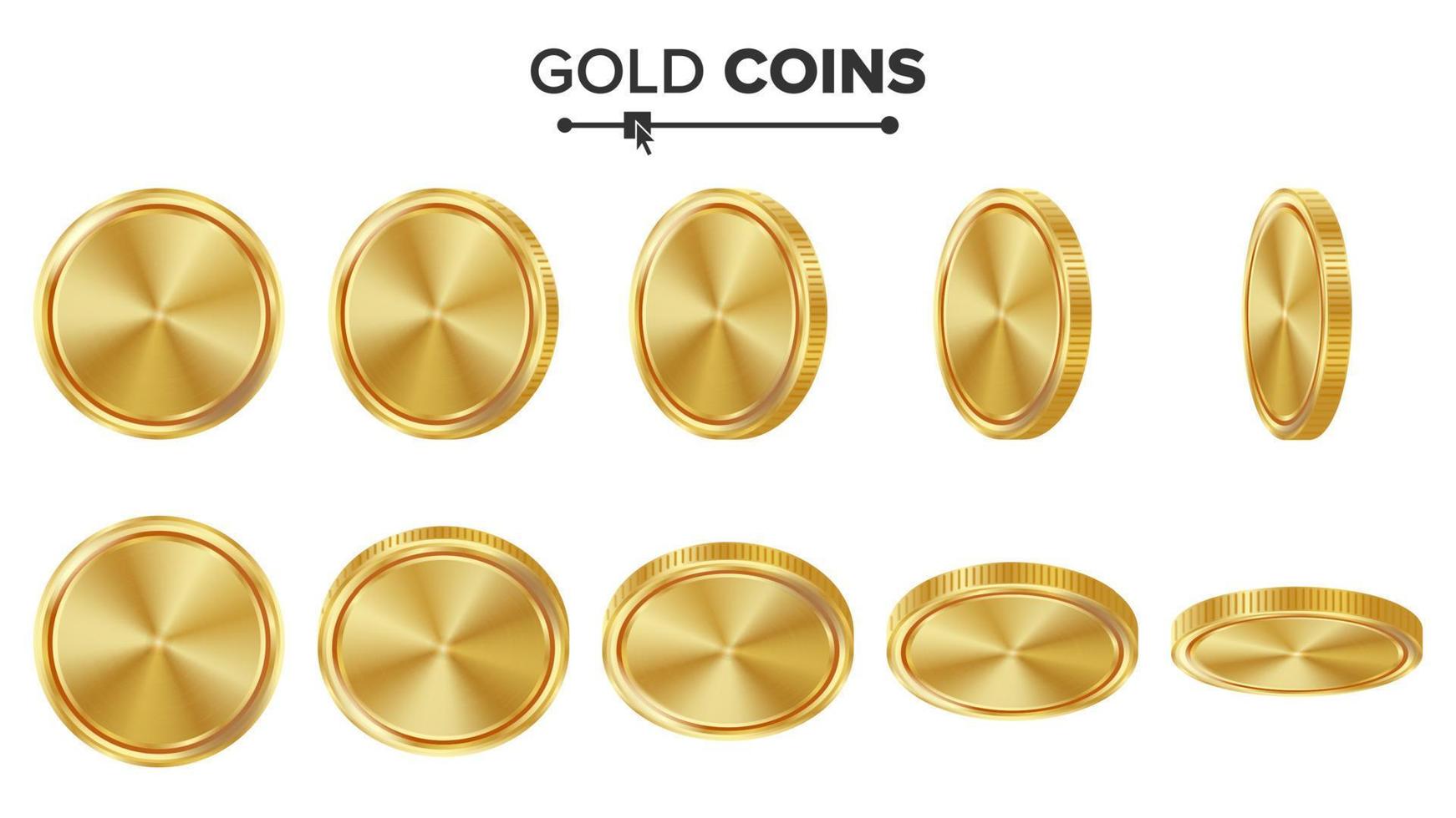 Empty Gold Coins Vector Set. Realistic Template Illustration. Flip Different Angles. Blank Money Front Side. Investment Concept. Finance Coin Icon, Sign, Success Banking Cash Symbol. Currency Isolated