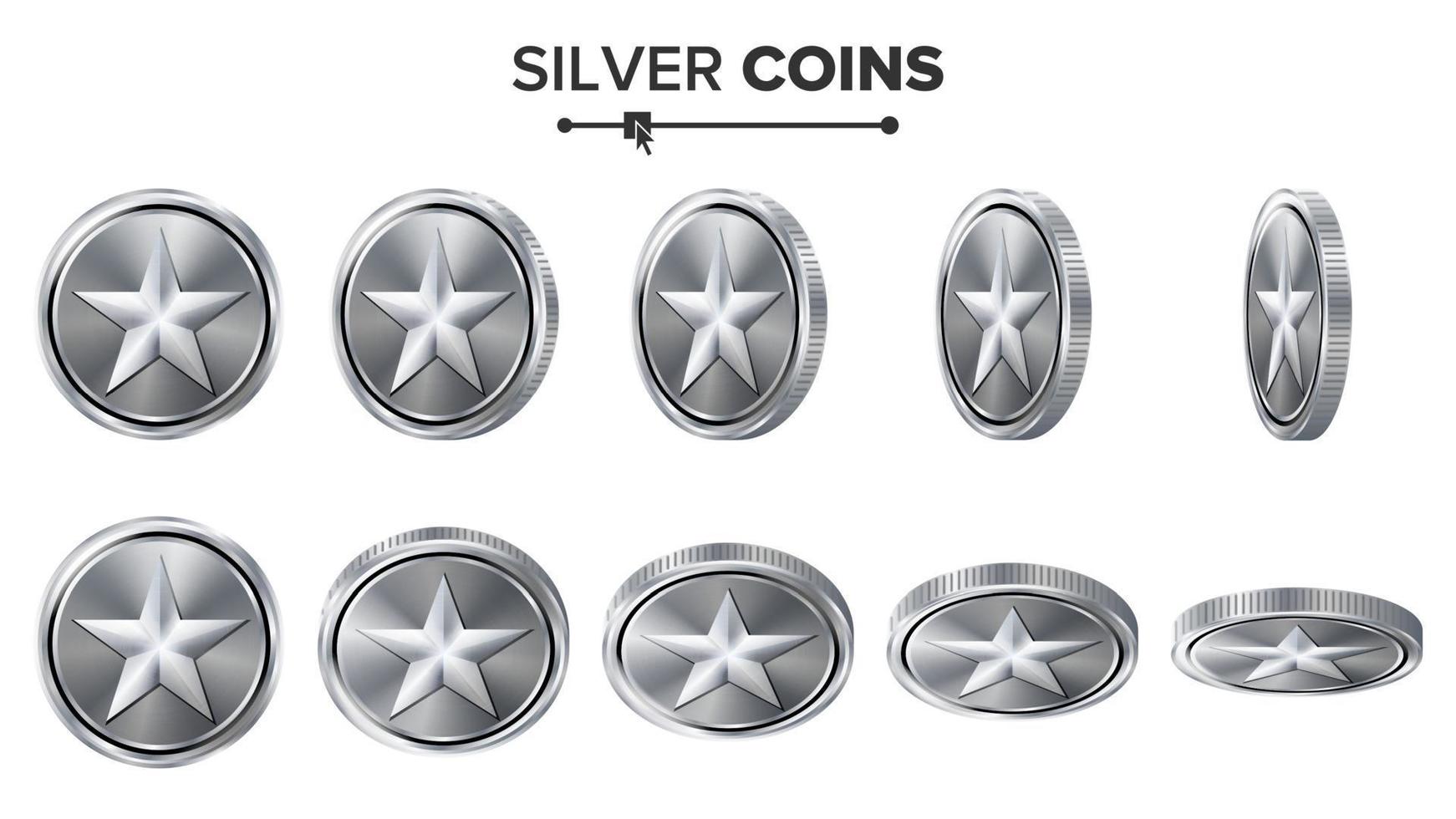 Game 3D Silver Coin Vector With Star. Flip Different Angles. Achievement Coin Icons, Sign, Success, Winner, Bonus, Cash Symbol. Illustration Isolated On White. For Web, Game Or App Interface.