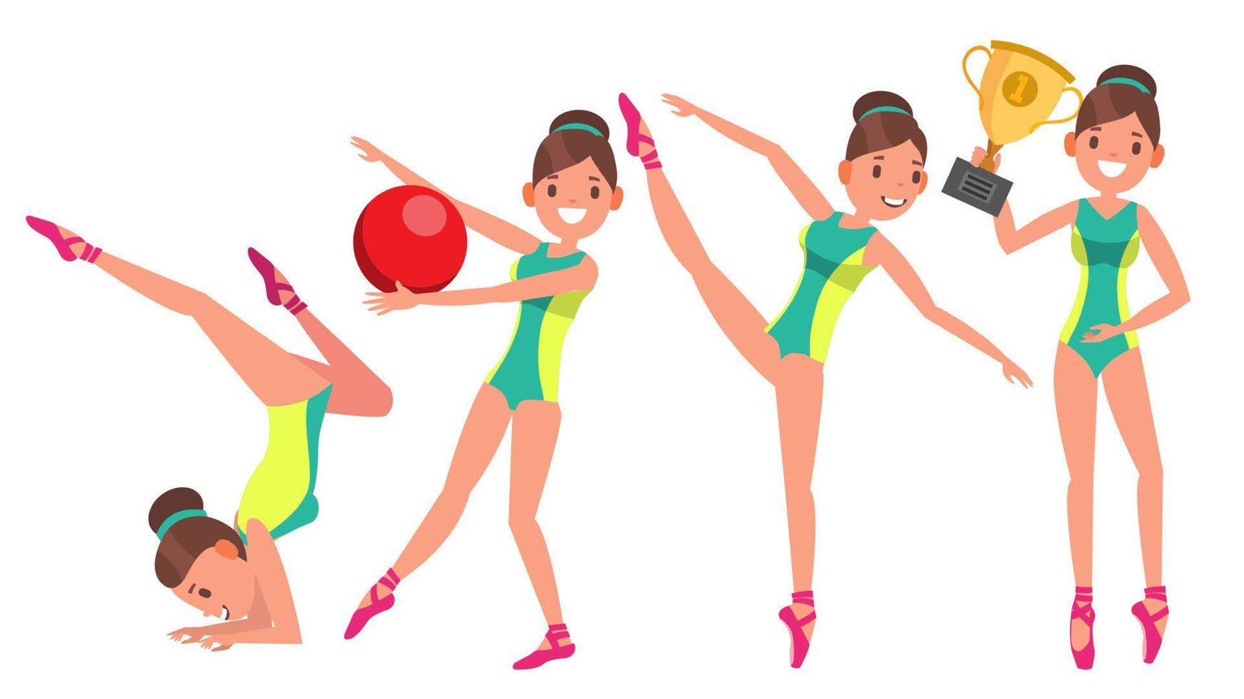 vector de jugadora de gimnasia. cinta de gimnasia, aro, maza. delgado. bailar. en acción. ilustración de personaje de dibujos animados