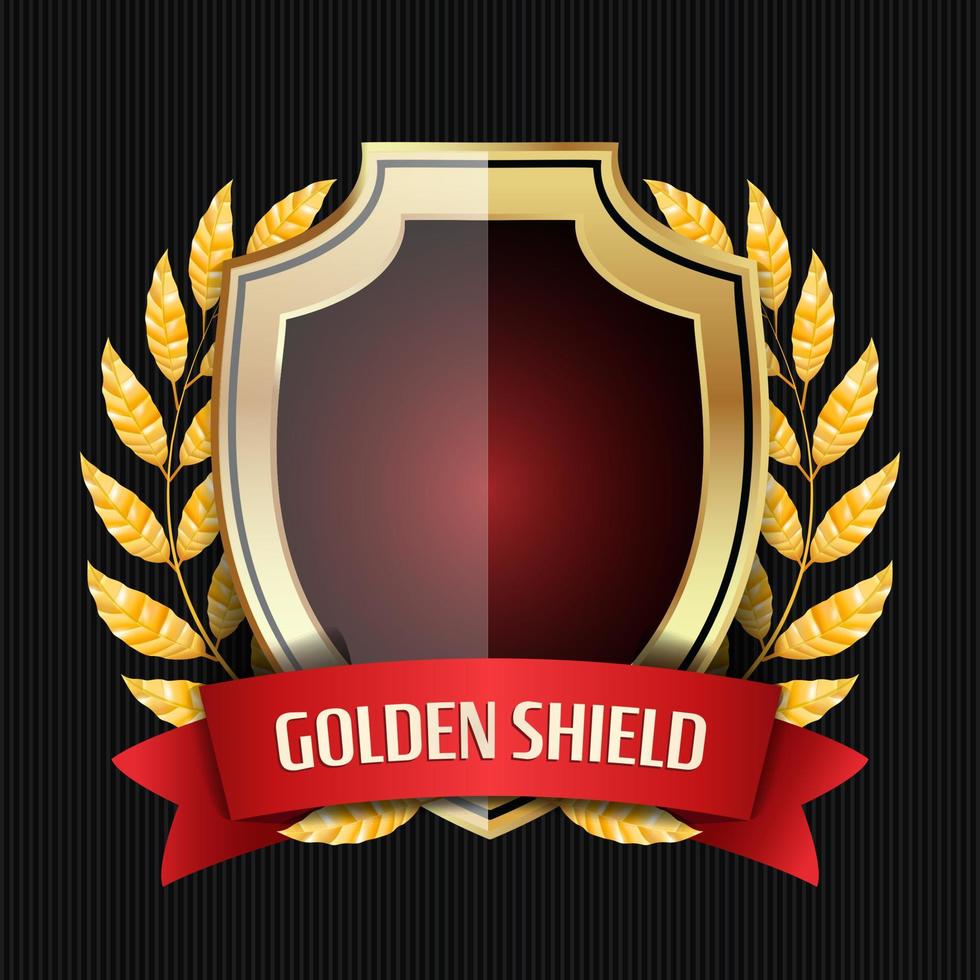 Golden Shield With Laurel Wreath And Red Ribbon. Vector Illustration