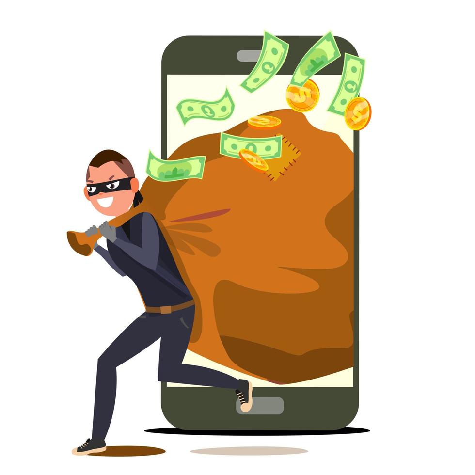 Thief And Smartphone Vector. Bandit With Bag. Insurance Concept. Burglar, Robber In Mask. Crack User Personal Information. Fishing Attack To Smartphone. Isolated Flat Cartoon Illustration vector