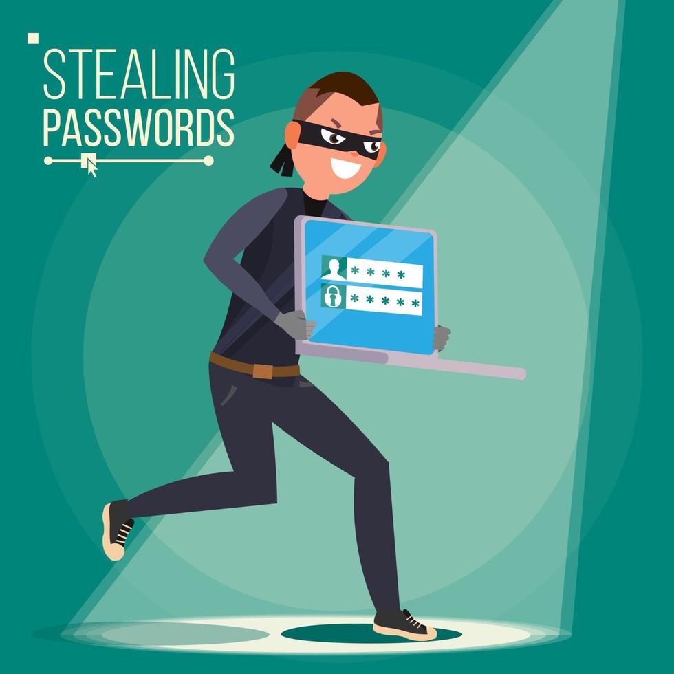 Thief Character Vector. Hacker Stealing Sensitive Data, Money From Laptop. Hacking PIN Code. Hacking Internet Social Network. Breaking, Attacking. Flat Cartoon Illustration vector