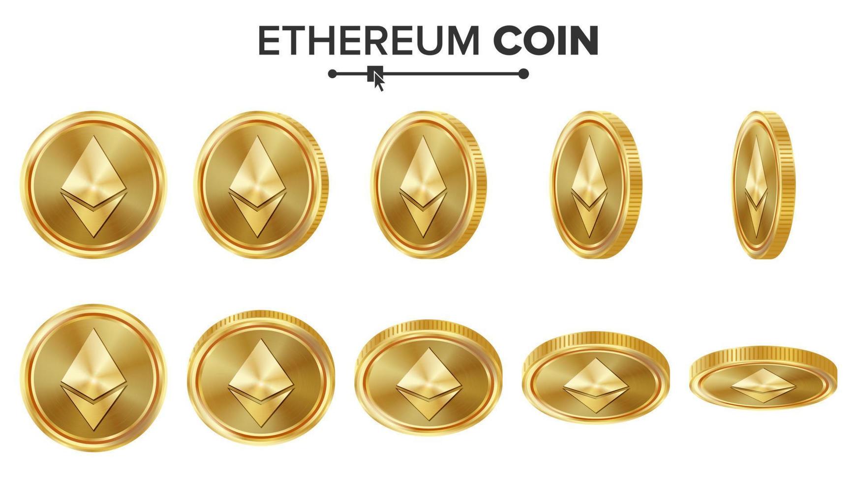 Ethereum Coin 3D Gold Coins Vector Set. Realistic. Flip Different Angles. Digital Currency Money. Investment Concept. Cryptography Coin Icons, Sign. Fintech Blockchain. Currency Isolated On White