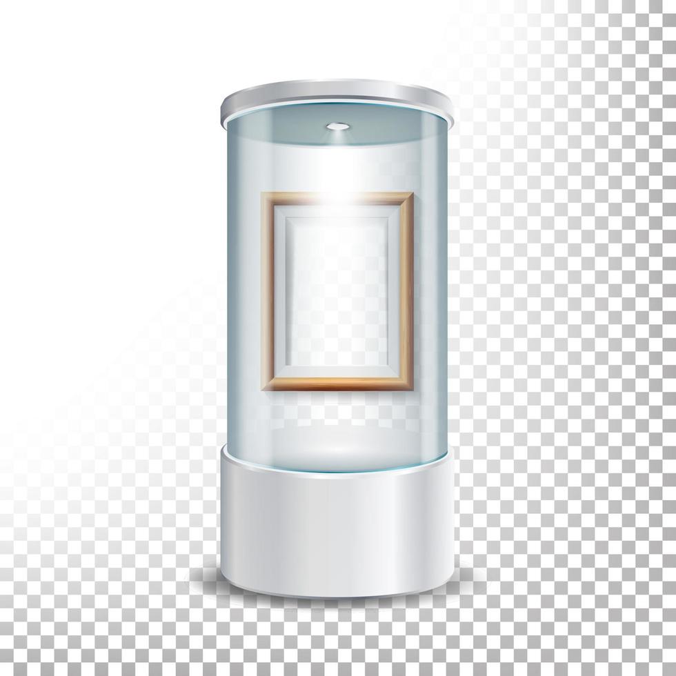 Transparent Glass Museum Showcase Podium With Wooden Picture Frame Template, Spotlight And Sparks. Mock Up Capsule Box For Exhibit And Display Your Product. Vector Transparent Illustration