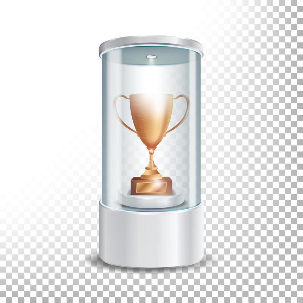 Transparent Glass Museum Showcase Podium With Bronze Cup, Spotlight And Sparks. Mock Up Capsule Box For Award Ceremonies. Vector Illustration