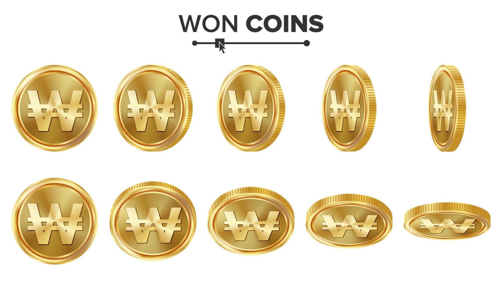 Won 3D Gold Coins Vector Set. Realistic Illustration. Flip Different Angles. Money Front Side. Investment Concept. Finance Coin Icons, Sign, Success Banking Cash Symbol. Currency Isolated On White