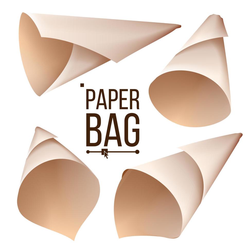 Paper Cone Bag Set Vector. Package, Container Sign, Icon. Different Views. Isolated Realistic Illustration vector