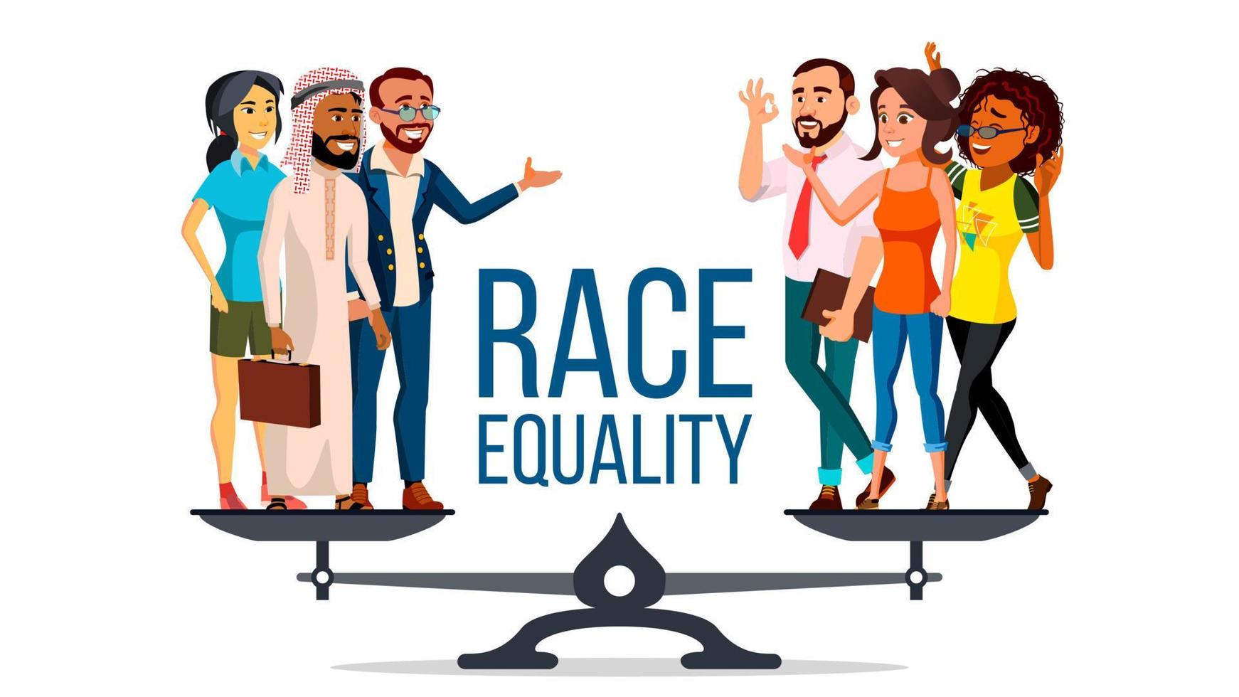 Race Equality Vector. Standing On Scales. Equal Opportunity, Rights. Diversity Tolerance Concept. Piece. Isolated Flat Cartoon Illustration vector