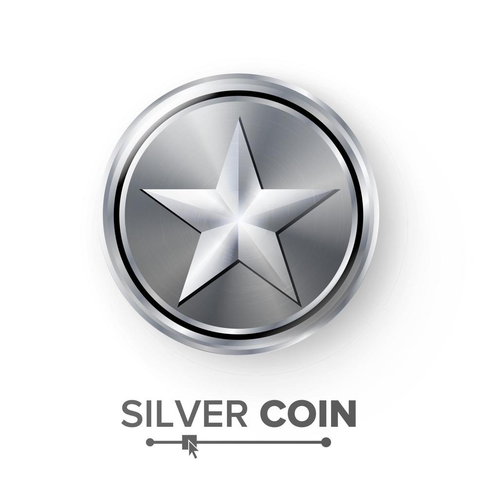 Game Silver Coin Vector With Star. Realistic Silver Achievement Icon Illustration. For Web, Video Game Or App Interface.