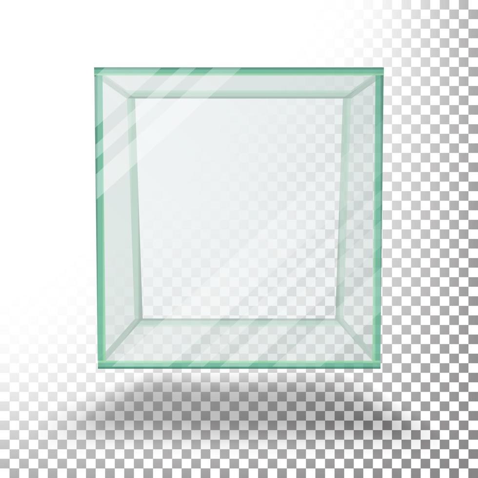 Empty Transparent Glass Box Cube Vector. Isolated On Transparent Checkered Sheet. vector